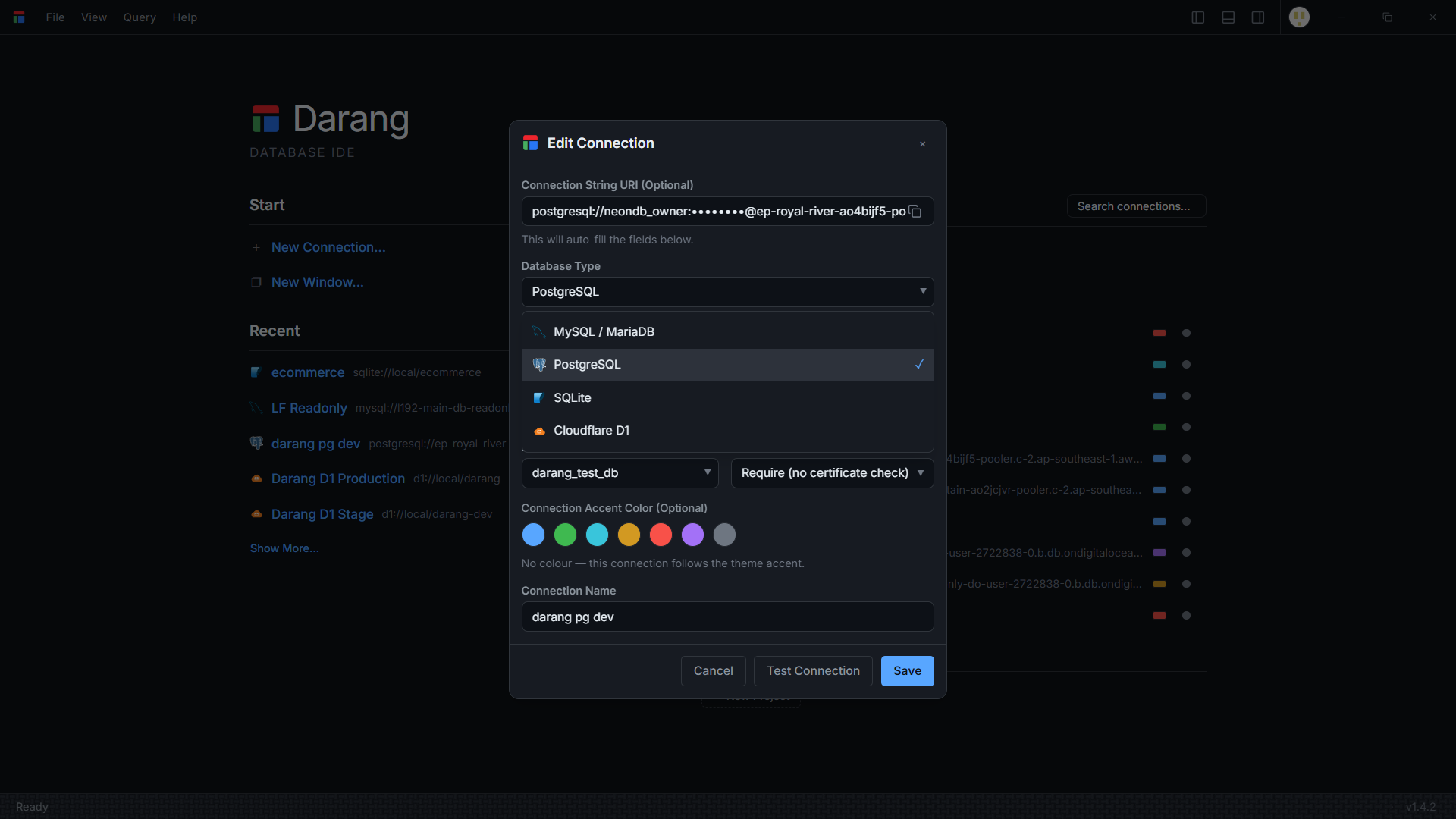 The Darang connection editor with the database-type dropdown open, showing MySQL, PostgreSQL, SQLite and Cloudflare D1