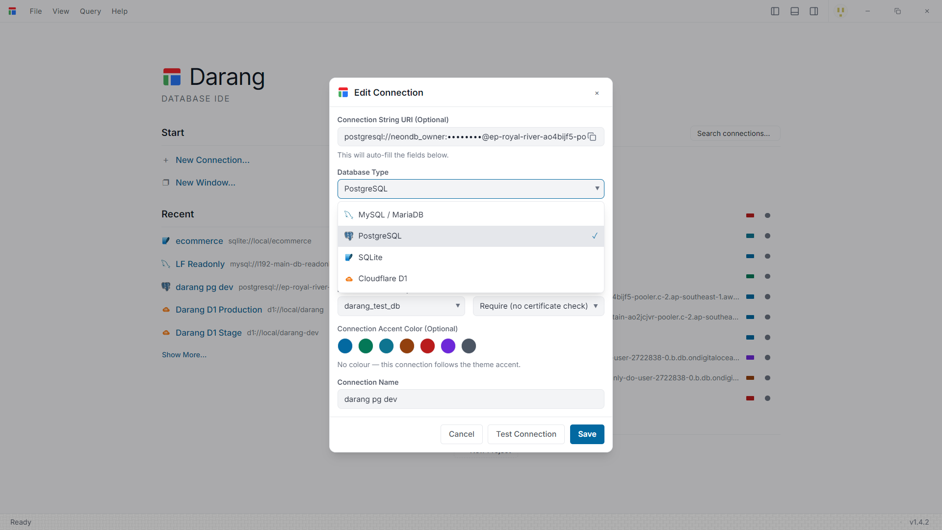 The Darang connection editor with the database-type dropdown open, showing MySQL, PostgreSQL, SQLite and Cloudflare D1