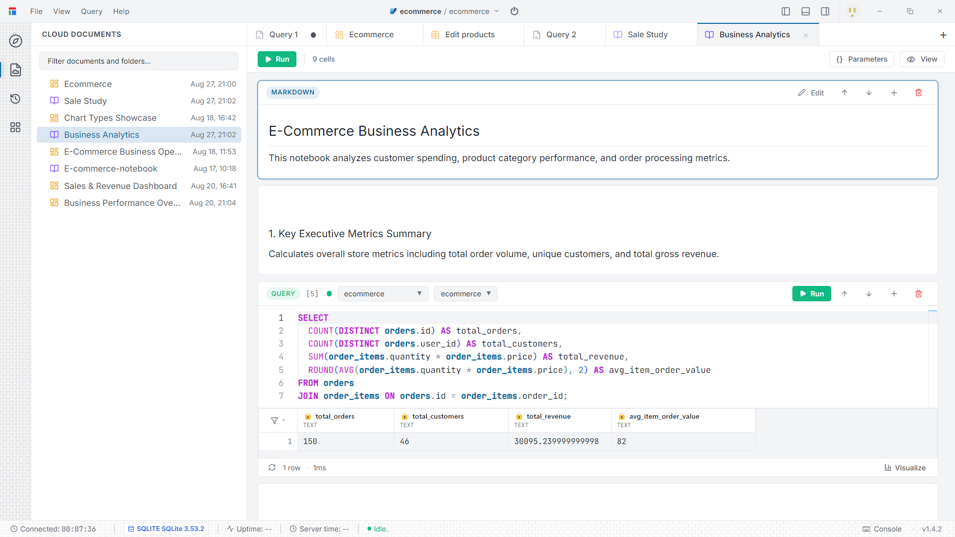 Darang showing a SQL notebook with an executed cell and its result grid